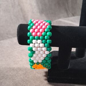 Hand Crafted Forearm / Bicep Kandi Beaded Cuff Bracelet Green Multi Hearts 11¾"